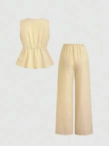 Sweetra European And American Summer New Pink Striped Lace-Up Minimalist Versatile Straight Leg Pants, Women's Two Pieces Set - Khaki - View 3