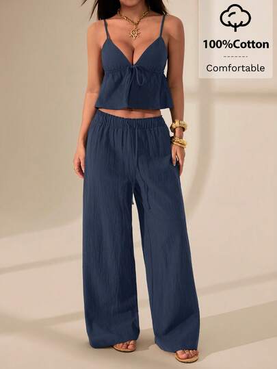SHEIN PETITE 1 Set Women Navy Cotton & Linen Camisole And Pants, 100% Cotton, Comfortable Vacation Outfits Woman 2 Piece Linen Two Piece Set Two Piece Set Summer 2 Piece Sets Woman Denim Outfit Women Two Piece