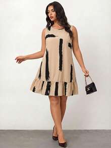 SHEIN Unity Plus Size Women's Brush Printed Back Tie-Up Summer Boho Dress Party, For Apple And Rounded Body Shape - Khaki - View 6