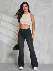 SHEIN PETITE 女式低腰紧身喇叭牛仔裤，深灰色牛仔裤 - 深灰色 - 查看 7