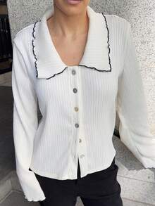 Marta Soriano 女式休闲长袖单排扣有领开衫，秋季 - 白色 - 查看 3