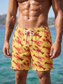 Manfinity Swimmode Men's Casual Fashionable Lobster Print Beach Shorts - Mustard Yellow - View 5