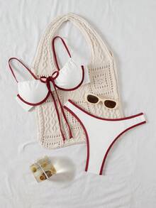 SHEIN Conjunto de traje de baño con ribete de contraste para vacaciones en la playa - Multicolor - Ver 1
