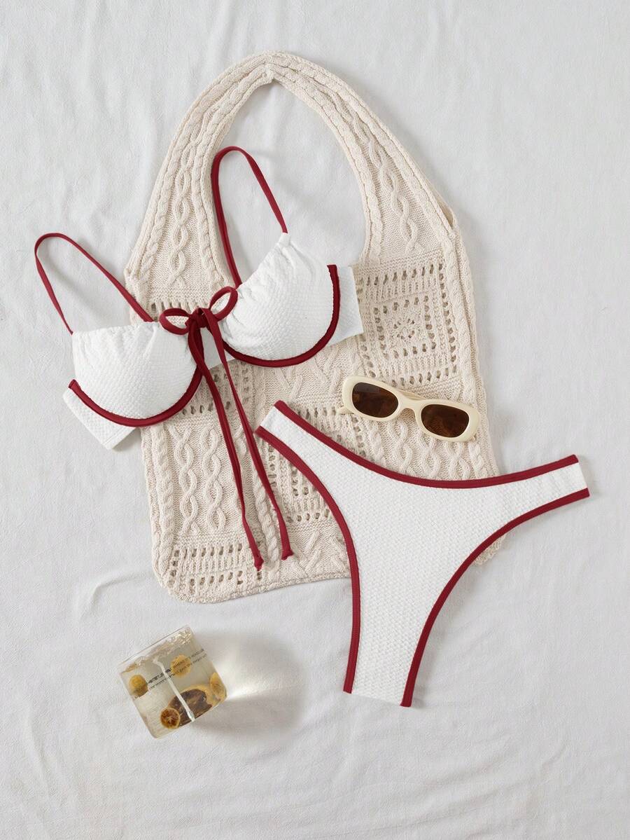 SHEIN Conjunto de traje de baño con ribete de contraste para vacaciones en la playa - Multicolor - Ver 1