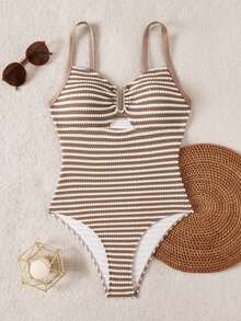 Swim Vcay 2026 Spring/Summer Adjustable Thick Strap U-Shaped Metal Decor One-Piece Swimsuit, Sweet & Fitted For Women - Brown - View 2