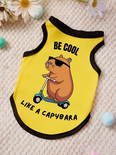 PETSIN 1 Camiseta para mascotas con estampado de letra de delfín feliz con combinación de amarillo y negro, suave, pegajosa, transpirable y cómoda