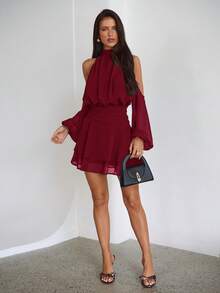 Aloruh Purple-Red Long Sleeve Off-Shoulder Dress, Casual Commuter Elegant Dress With Small Stand Collar, Spring - Burgundy - View 3