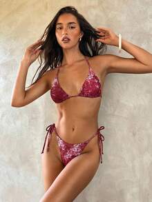 Aloruh 女士新款扎染印花波西米亚风比基尼套装，优雅性感浪漫复古女士度假沙滩装 - 玫瑰紅 - 查看 4