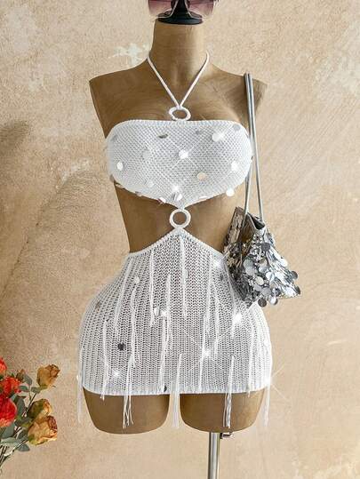 Soleia Women's Vacation Sequin Decor Hollow-Out Sexy Halter Knit Dress White Dress For Women Fringe  Festival Summer Dress Elegant Dresses For Party Beach Dress Holiday Outfits
