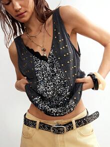 Bohemela Boho Spring/Summer Women's Tank Top, Mixed‑Fabric Patchwork Design, Suitable For Going‑Out Outfits, Y2K Style, Casual Commuting Outfit, Valentine's Day Outfit, Women's Vacation Outfit, Music Festival Outfit, Women's Holiday Outfit, Beach Vacation Outfit, Back‑To‑School Outfit, Carnival Costume, Easter Outfit, Women's Summer Outfit, Women's Festival Outfit, American Casual Style.,Summer Top - Dark Grey - View 1