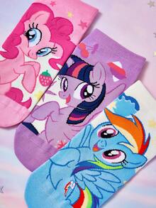 My Little Pony X SHEIN 3雙女款軟綿透氣吸濕甜美短襪，時尚可愛卡通圖案，加強趾尖與後跟，適合夏冬，獨角獸圖案 - 彩色 - 查看 3