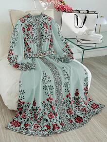 SHEIN CURVE+ Plus Size Women Floral Print Lantern Sleeve Button Design Elegant Dress - Green - View 6