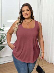 SHEIN CURVE+ 大码女式时尚宽松舒适无袖T恤背心 - 酒紅色 - 查看 8