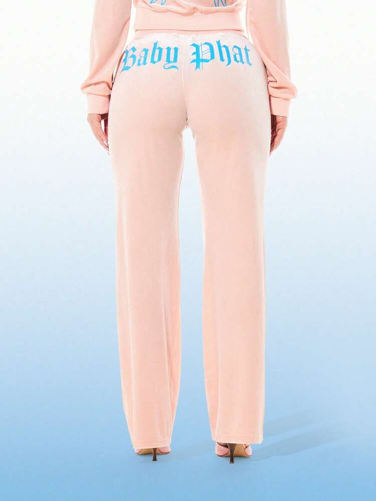 BABYPHAT Women's Velour Wide Leg Joggers With Gothic Font Branding Drawstring Waist Casual Loose Fit Pink Sweatpants For Fall Winter