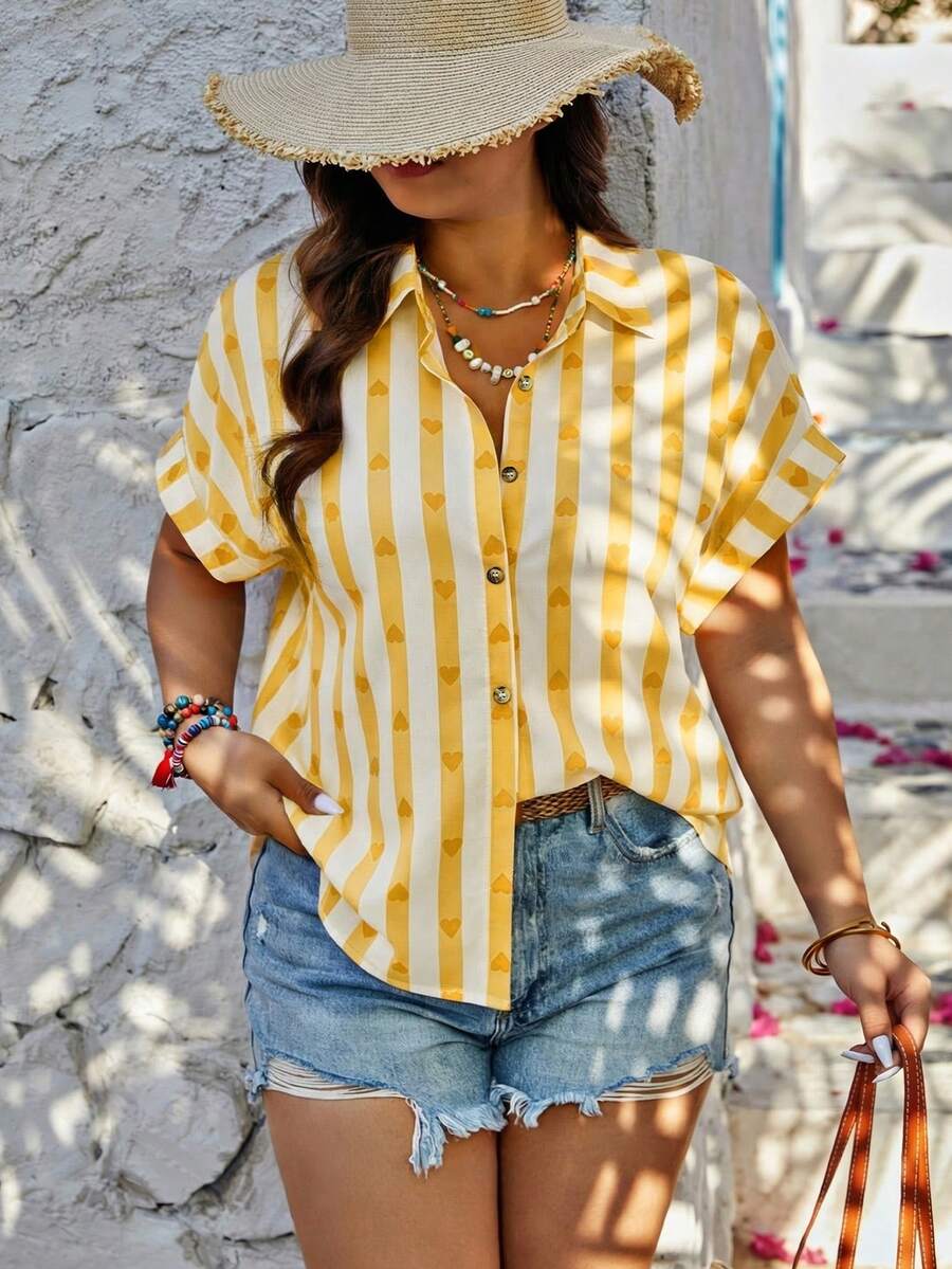 SHEIN LUNE Plus Size Front Button Heart Casual Loose Batwing Sleeve Blouse,Valentine - Multicolor - View 1
