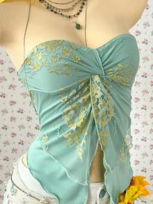 SuriyaCove Women's Dual-Color Lace Twist Halter Neck Blouse, Vacation Style - Green - View 4