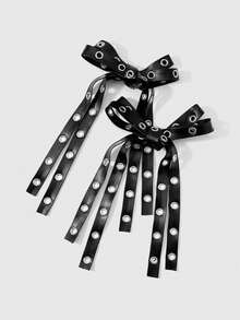 ROMWE Grunge Punk 2 Y2k 暗黑哥特复古朋克宝贝，黑色皮革金属空气眼双层蝴蝶结发夹，鸭嘴夹，侧夹，组合套装，适合姐妹和女朋友日常佩戴，节日礼物。 - 黑色-23 - 查看 9