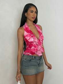 Glamine 女士渐变扎染露背吊带衫（紫红色）| 3D荷叶边褶皱设计深V领无袖上衣 | Y2K修身露腰短款系带露背上衣 | 夏季度假、通勤和约会之夜的百搭内搭 - 粉色 - 查看 6