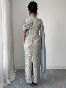 Elenzga Đầm maxi nữ bán chạy nhất, chất liệu vải jacquard vàng óng ánh, kiểu dáng thanh lịch với khăn choàng chiffon, thích hợp cho các bữa tiệc, hẹn hò, mua sắm và nhiều dịp khác trong mùa xuân/hè. - màu xanh lá - Xem 2
