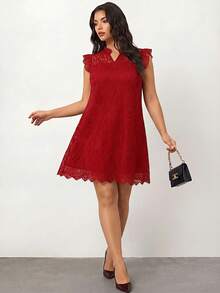 Enliva 白色春夏花卉3D蕾丝圆领盖袖优雅浪漫女士连衣裙 - 紅色 - 查看 2