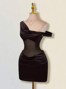 SHEIN ICON Asymmetrical Shoulder Mesh Patchwork Mini Dress - Brown - View 1