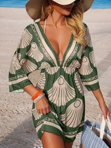 SHEIN Swim Lushore 女士春夏沙滩连衣裙，印花V领收腰度假长裙，含罩衫套装 - 綠色 - 查看 3