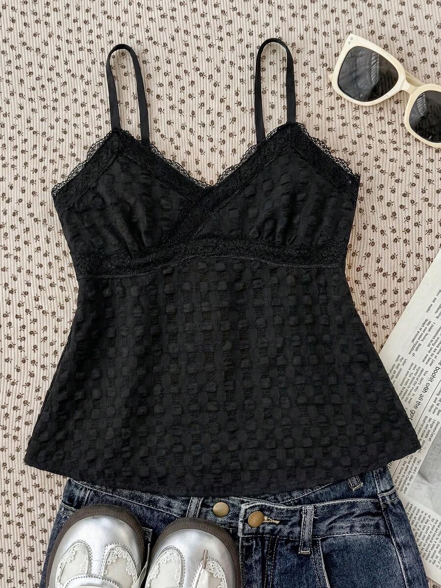 SHEIN 少女黑色蕾丝吊带背心,优雅纯色蕾丝边吊带背心,适合夏季、度假、休闲、居家穿着,BM风格 - 黑色 - 查看 1