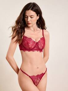 Style Dream 1 Set Women's Sexy Lingerie, Wine Red Lace Floral Bra Set With Adjustable Straps, Sensual Ladies Bra Bridal Underwear Set, Intimate Apparel Christmas Gift - Burgundy - View 4