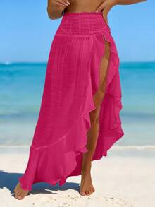 Swim Vcay Đầm maxi đi biển dáng xòe lá sen bằng chiffon nhẹ, xẻ tà, thích hợp cho kỳ nghỉ xuân của nữ. - Màu Hồng Tươi - Xem 5