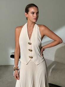 Lavishia 女士春夏优雅百褶裙背心套装，适合通勤、聚会、外出和度假 - 杏色 - 查看 3