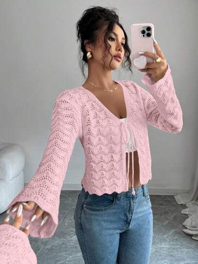 Elenzga Women's Elegant Tie-Front Hollow-Out Knit Flare Sleeve Cardigan