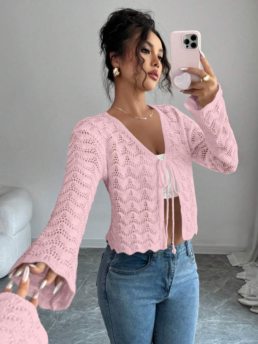 Elenzga Cárdigan de mujer elegante con mangas acampanadas, nudo delantero y calado - Rosa - Ver 1