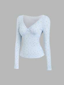 Sweetra Áo thun nữ mùa xuân/hè mới, phù hợp cho đi làm hàng ngày và đi nghỉ mát, chất liệu vải hoa nhí màu đen dễ thương, thiết kế ren tương phản với nơ trang trí, size nhỏ. - Màu xanh lam - Xem 1