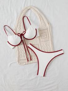 SHEIN Conjunto de traje de baño con ribete de contraste para vacaciones en la playa - Multicolor - Ver 5