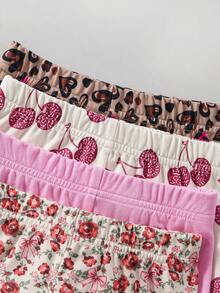 SHEIN Playful Pals 女嬰 4 套裝 粉紅色夏季 T恤短褲套裝 心形豹紋花卉 - 彩色 - 查看 6