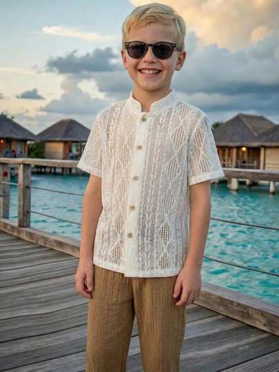 LMoss Kids 男童纯色梭织休闲衬衫和条纹裤两件套