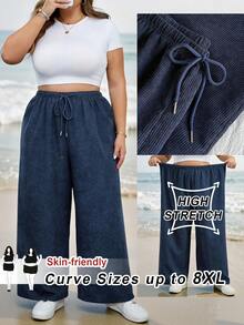 SHEIN CURVE+ Curve 尺码 US22 音乐节、海滨度假、波西米亚风宽松直筒抽绳腰灯芯绒裤，牛仔蓝 - 藍色 - 查看 4