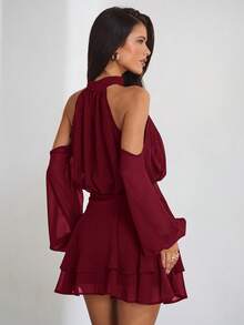 Aloruh Purple-Red Long Sleeve Off-Shoulder Dress, Casual Commuter Elegant Dress With Small Stand Collar, Spring - Burgundy - View 2