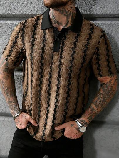 Manfinity CasualCool 男士撞色 Polo 衫，复古几何提花休闲上衣