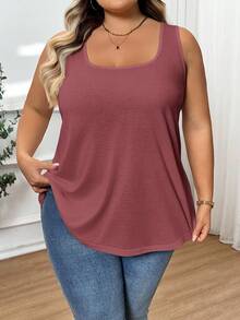 SHEIN CURVE+ 大码女式时尚宽松舒适无袖T恤背心 - 酒紅色 - 查看 3