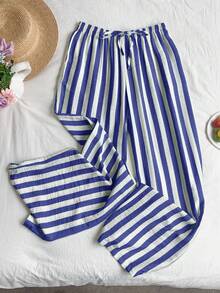 SHEIN EZwear 女士条纹抽绳腰带休闲百搭阔腿裤，适合日常穿着 - 藍白色 - 查看 5