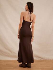 Easelle 女士波西米亚风V领修身A字刺绣连衣裙 - 棕色 - 查看 2