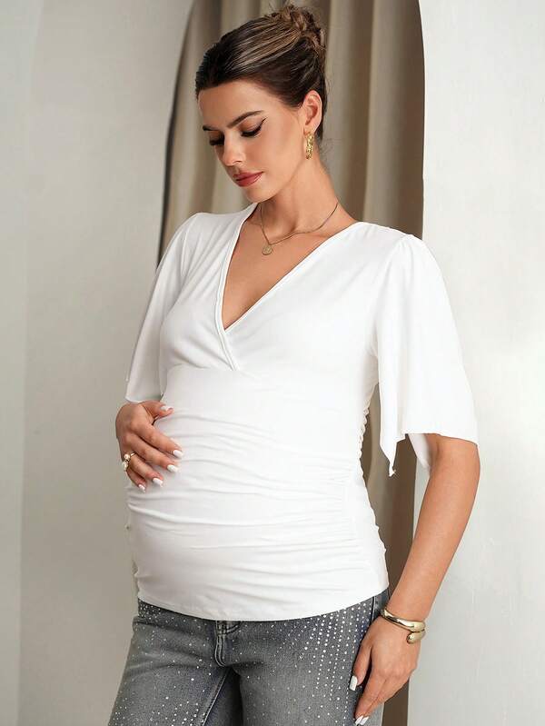 MaterniChic Maternity Solid Color Overlap V-Neck Ruffle Short Sleeve T-Shirt