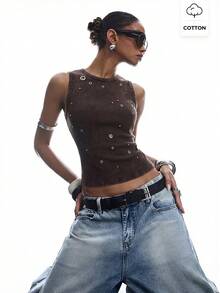 LYSMO 2026 New Minimalist Sleeveless Hollow Round Neck Coffee Brown Tank Top For Women, Spring/Summer - Coffee Brown - View 1