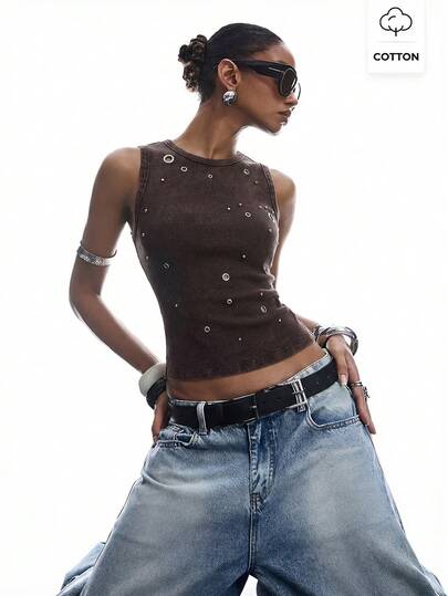 LYSMO 2026 New Minimalist Sleeveless Hollow Round Neck Coffee Brown Tank Top For Women, Spring/Summer