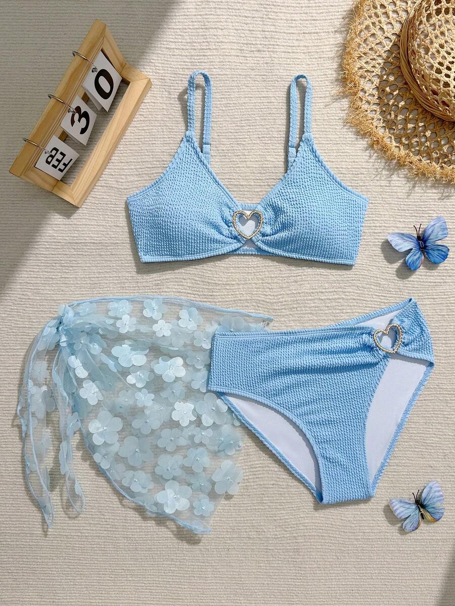 SHEIN 女孩可爱三件套泳衣，带披肩/荷叶边/时尚休闲优雅女士设计，适合游泳、夏季度假、海滩、泳池、节日派对 - 藍色 - 查看 1