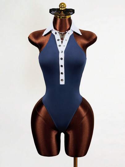 Mistrie 女士性感撞色前扣吊带连体衣，夏季