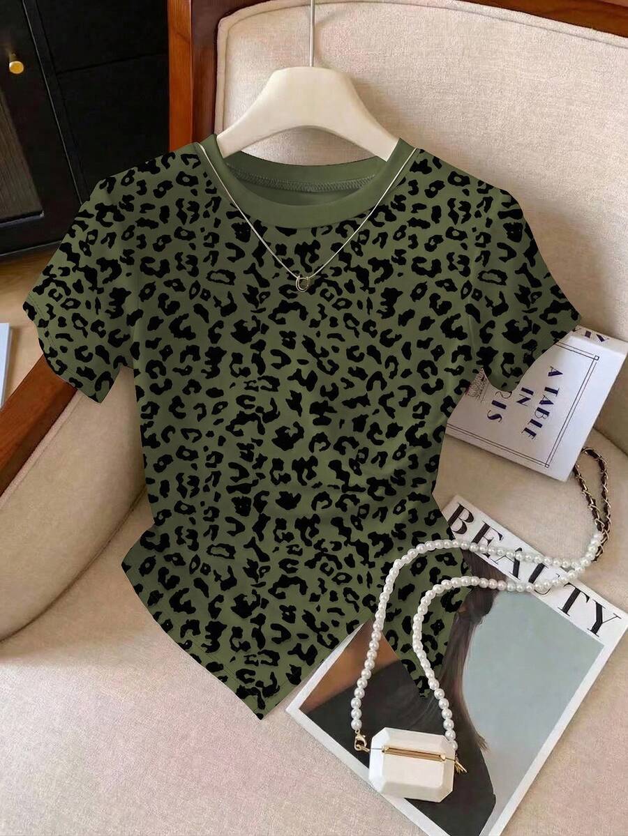 Resyla Women's New Arrival Leopard Print Pattern Round Neck Slim Fit Versatile Tight T-Shirt, Spring/Summer - Multicolor - View 1
