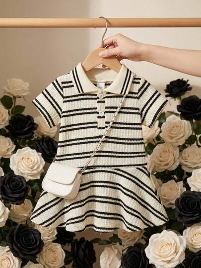 SHEIN 女婴黑色米色条纹翻领短袖polo衫连衣裙，学院风，适合春、夏、秋季穿着