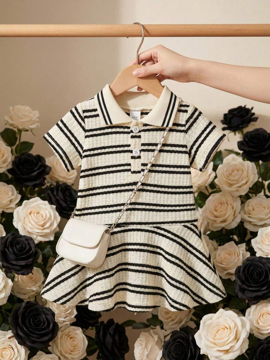 SHEIN Baby Girl Textured Black & Beige Striped Collared Short Sleeve Polo Dress, Preppy Style, Suitable For Spring, Summer, Autumn
